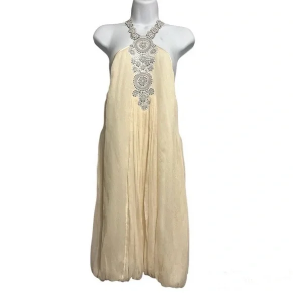 Catherine Malandrino Silk Halter Dress | Beaded Detail | Elegant Cream Maxi - Picture 9 of 9